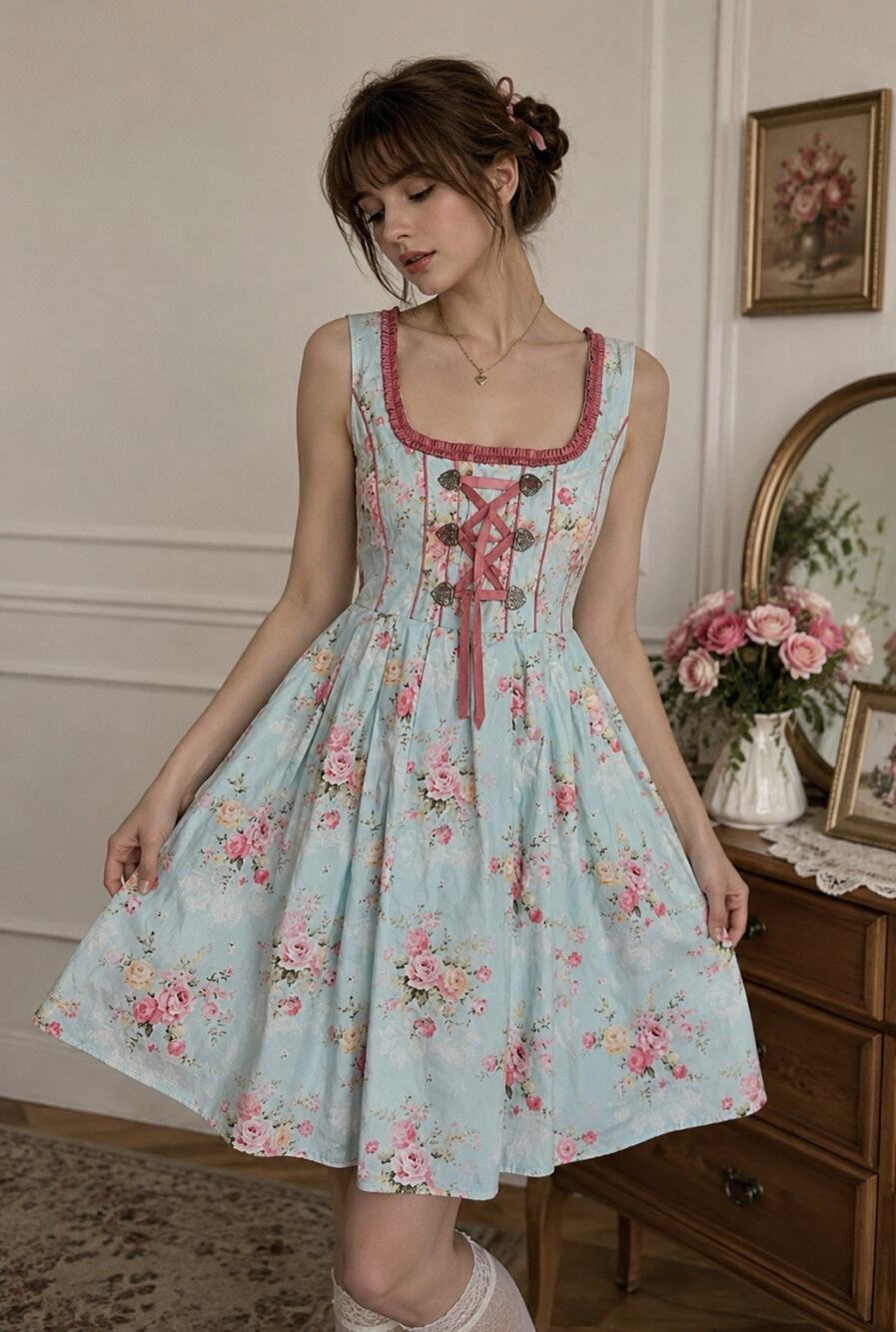 Scarlet Darkness Oktoberfest Dimdl Cosplay REN Fair Dress Size 2XL Blue Floral